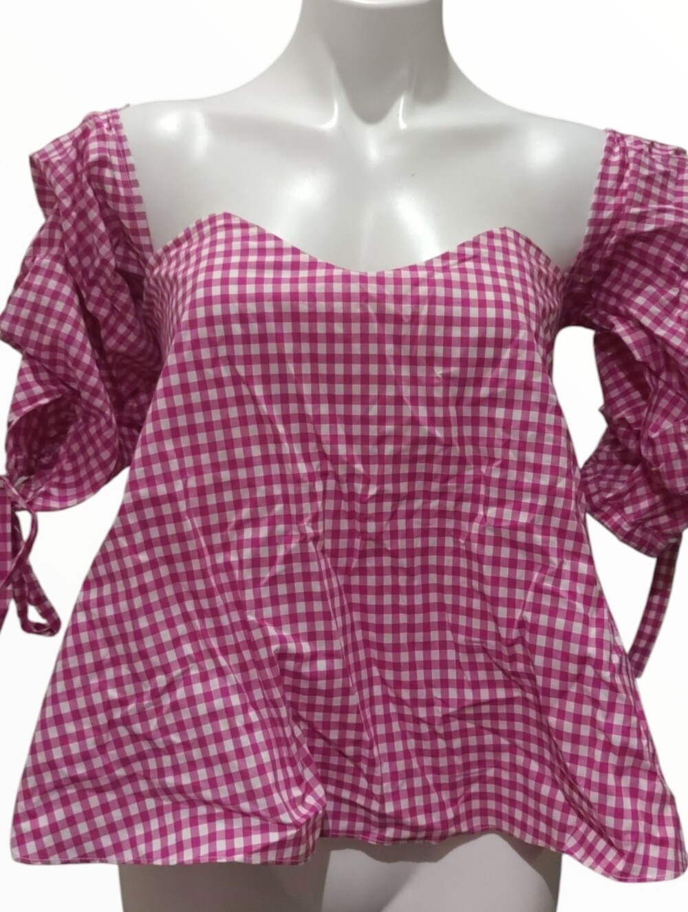 Caroline Constas Pink White Gingham Busteir top Size S Puff Sleeve